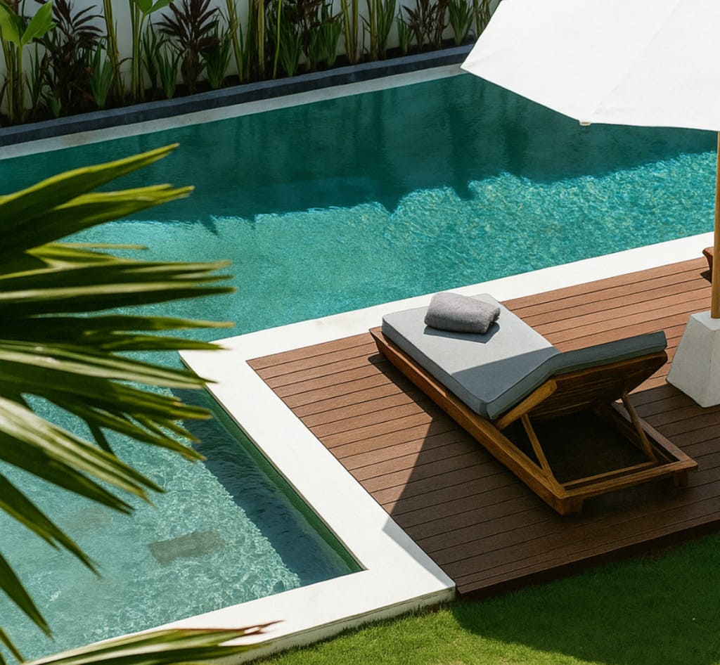 Uma piscina com um deck de madeira plástica, uma cadeira de praia reclinável e um guarda-sol