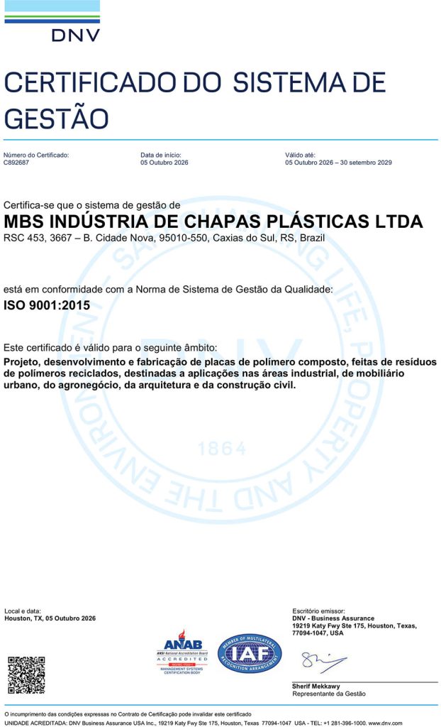 Certificado ISO 9001:2015 da MBS Soluções Ecológicas